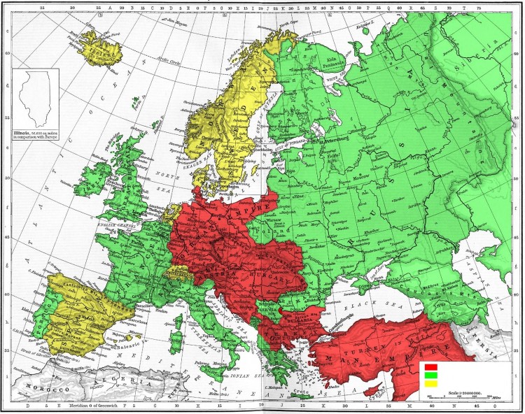 Mapa Evropy s barevně vyznačenými jednotlivými politicko-vojenskými uskupeními.