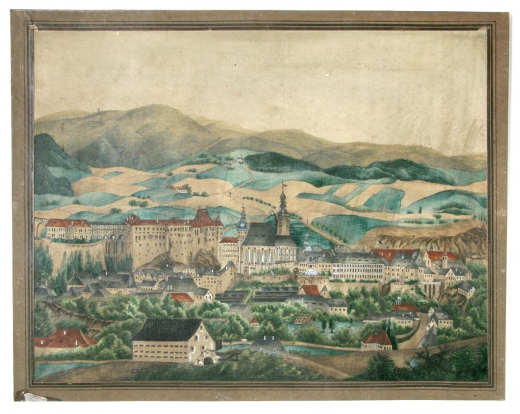 Město od jihu, monogramista K.B.,  kolorovaná rytina, Český Krumlov, 1860
