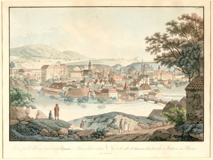Město od jihozápadu, L. Janscha, rytec C. Postl,  Český Krumlov, 1. pol. 19. století
