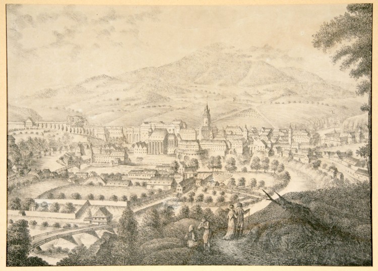 Město od jihu, J. Langweil, litografie M. Falta,  Český Krumlov, 1819