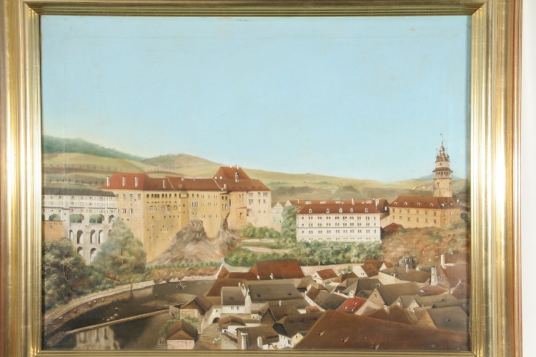 Panorama zámku s Lazebnickým mostem, olejomalba,  Český Krumlov, před r. 1835