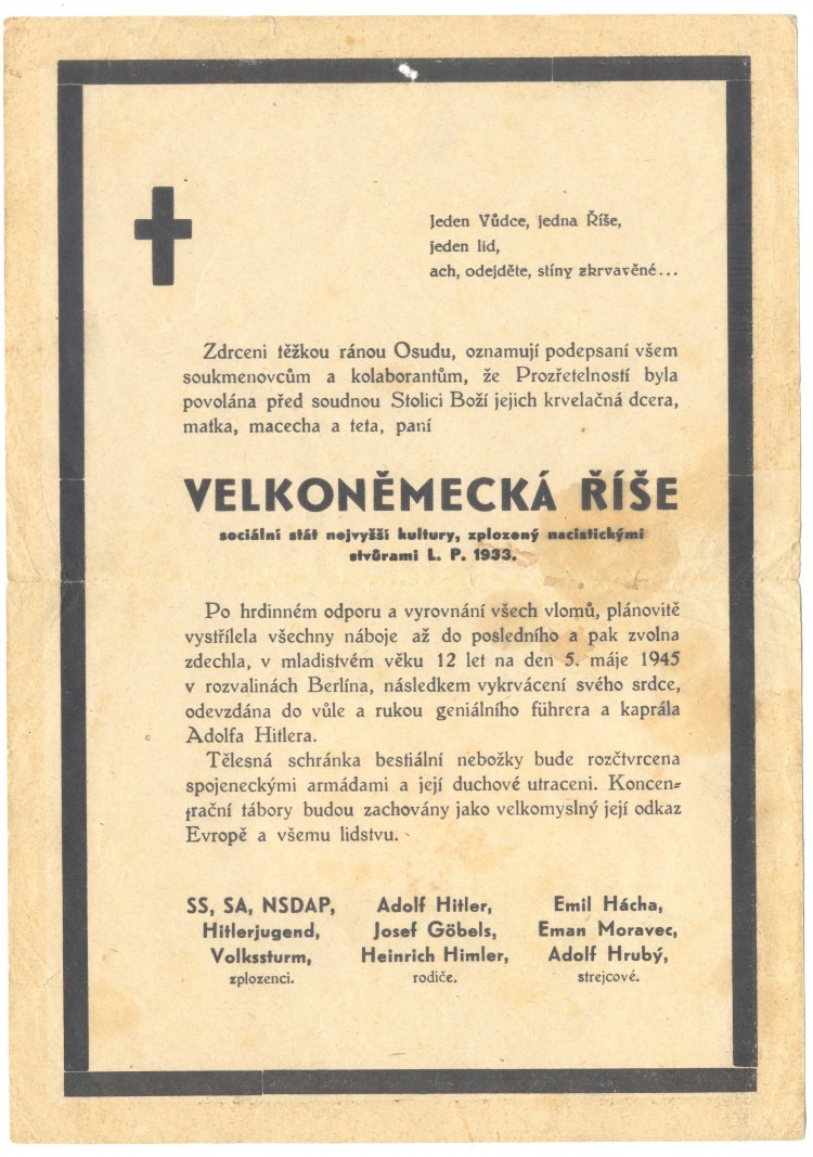 Posměšné úmrtní oznámení Velkoněmecké říše, 1945